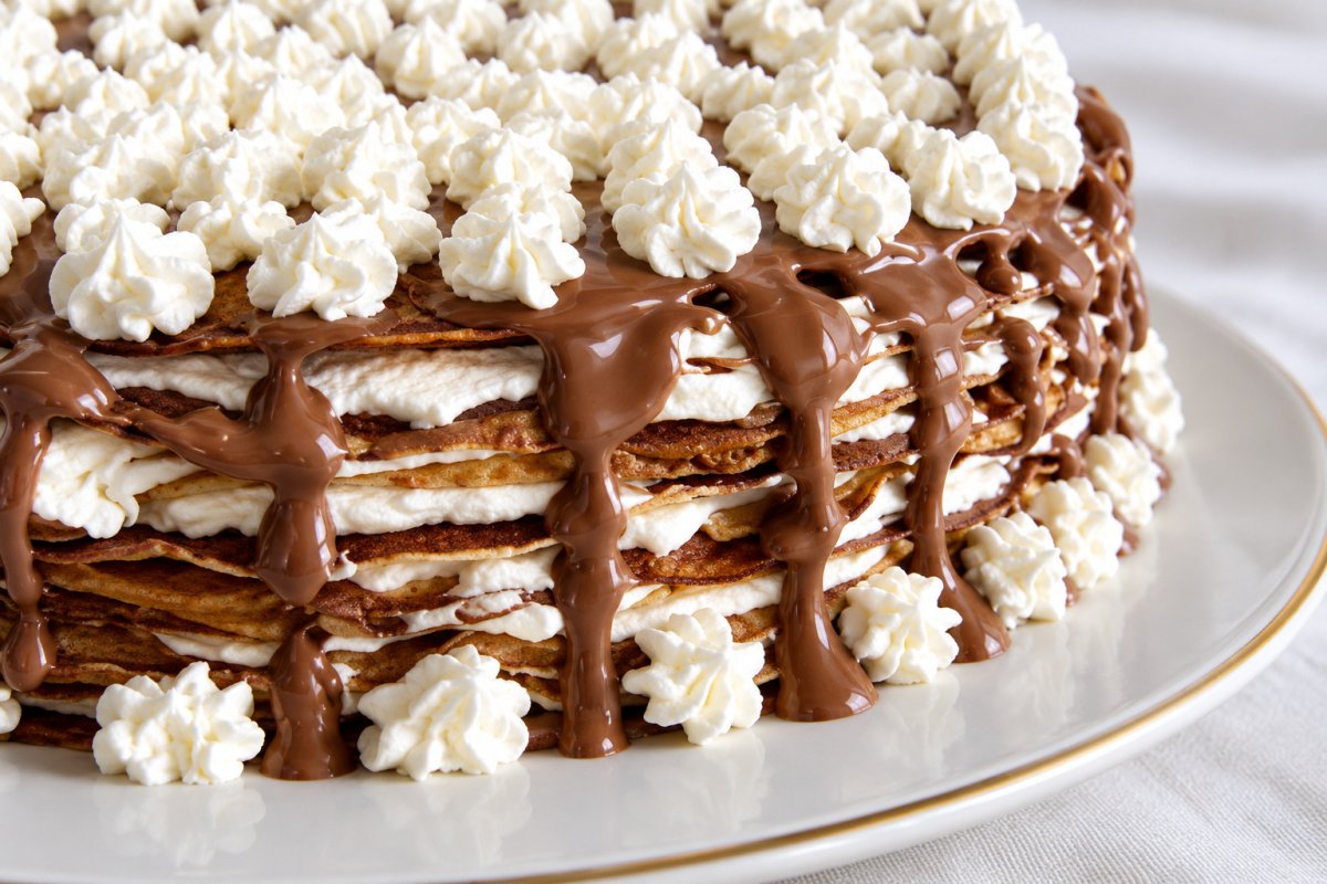 Tort de clatite cu frisca si ciocolata