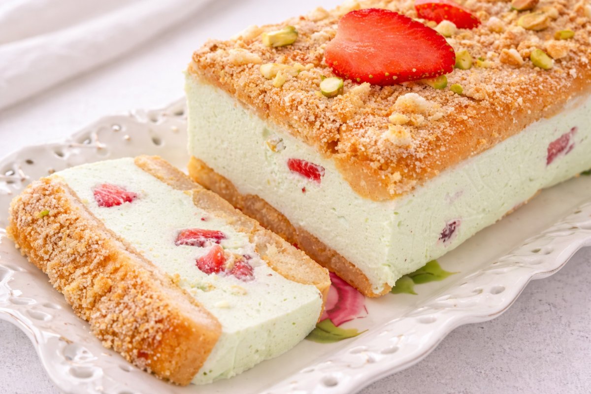 Prajitura cu piscoturi, capsuni si crema de fistic