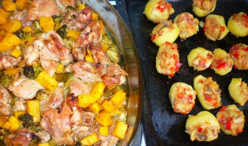 Pui cu broccoli, dovleac si cartofi umpluti