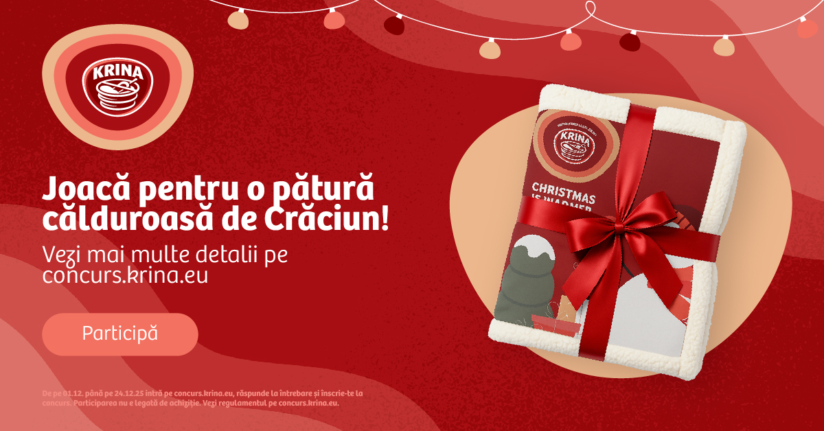 Ajunul Crăciunului cu Krina. Mâncăruri tradiționale care ne unesc Inspiră-te din rețetele Krina și participă la concurs pentru șansa de a câștiga una dintre cele 24 de pături pufoase și călduroase de Crăciun.