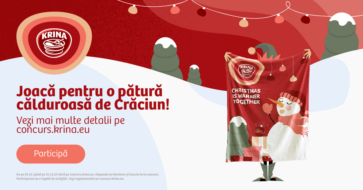 Ajunul Crăciunului cu Krina. Mâncăruri tradiționale care ne unesc Inspiră-te din rețetele Krina și participă la concurs pentru șansa de a câștiga una dintre cele 24 de pături pufoase și călduroase de Crăciun.